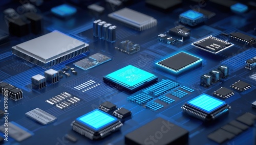 A high-angle, detailed view of various electronic components arranged on a complex circuit board, showcasing intricate circuitry and various chip designs with a cool, technological aesthetic.