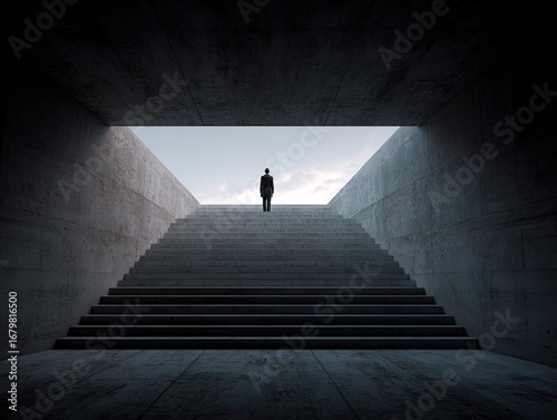 A grayscale interior scene with concrete steps leading upward to a light-filled space, showcasing a solitary figure.