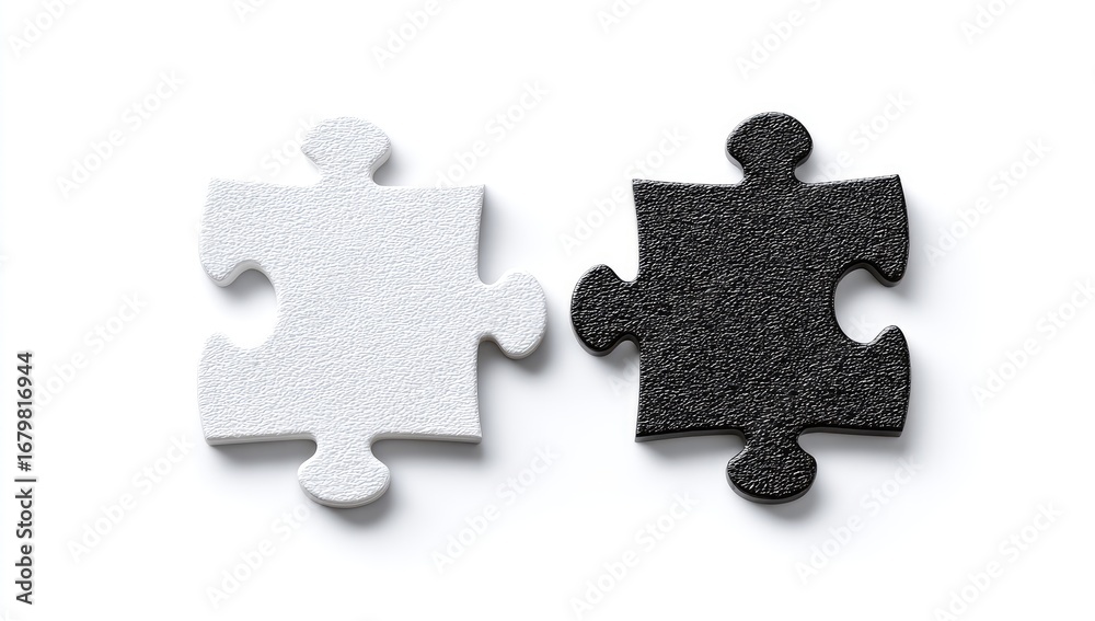 Fototapeta premium Two puzzle pieces, one white, one black, positioned side-by-side against a plain white background