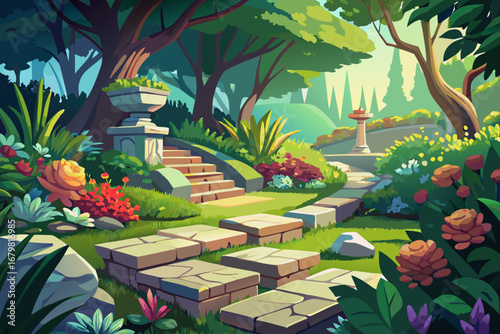 In the heart of a peaceful garden, stone platforms are nestled among the greenery. A gentle breeze blows through the branches and the fragrance of flowers fills the air. Sitting on these platforms is 