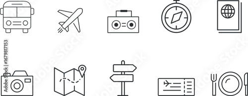Outline travel and tourism icons set with airplane, passport, map, and navigation symbols