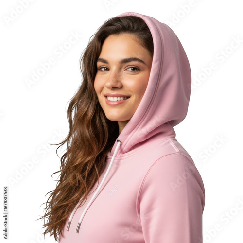 Beautiful woman in pink hoodie isolated on transparent background, smiling