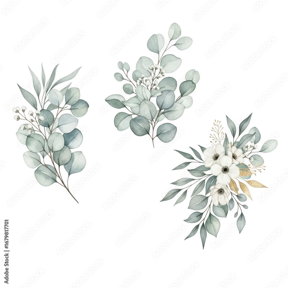 Naklejka premium Eucalyptus and white floral elements isolated on transparent background
