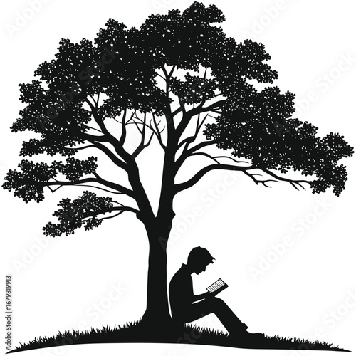 Person reading book under tree
