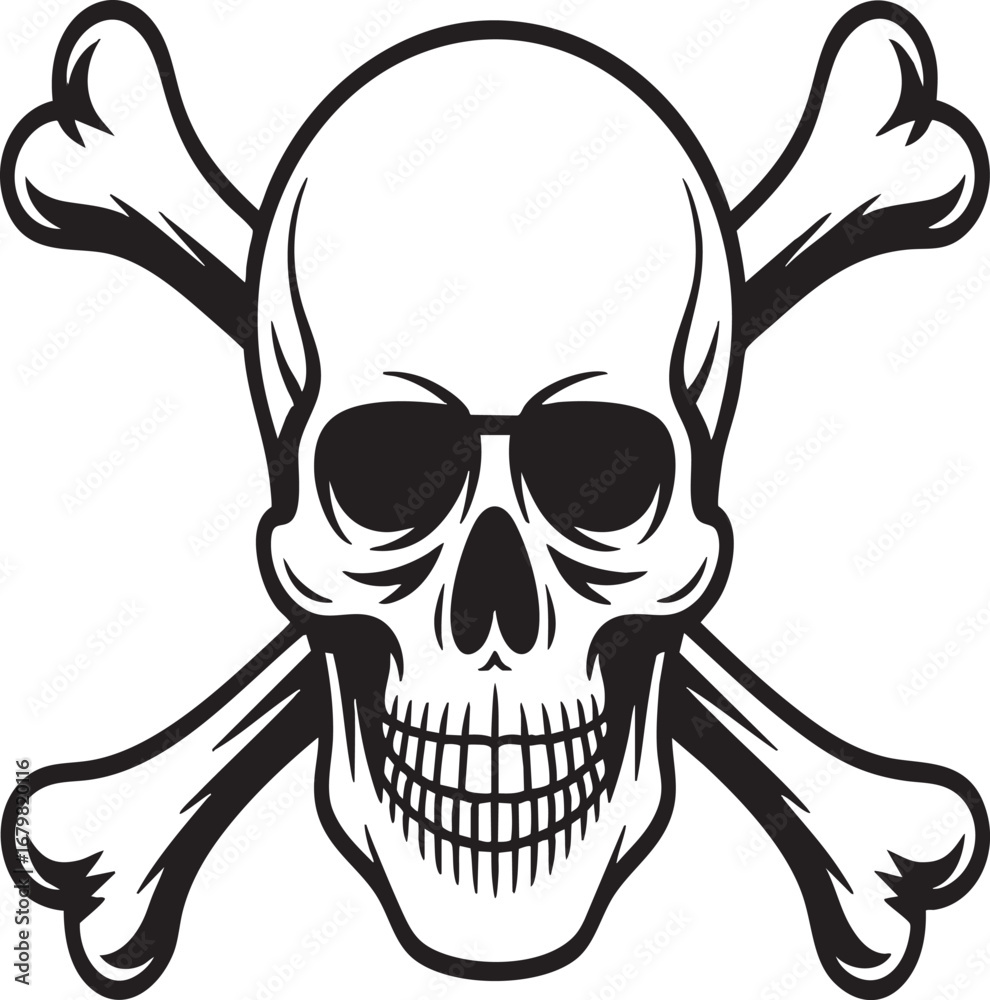 Fototapeta premium A black and white skull with sunglasses and crossbones on a white background