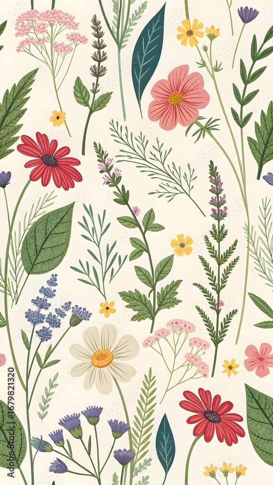 Fototapeta premium Wildflower meadow floral arrangement with diverse blossoms and green foliage on a pale background