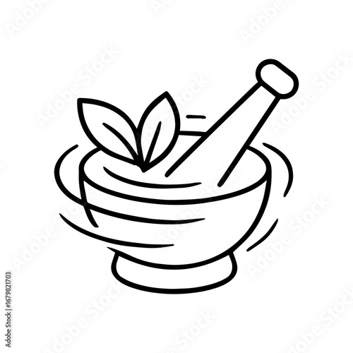 mortar and pestle with herbs vector