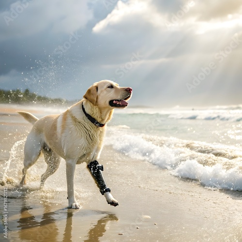  Yellow Labrador dog with prosthetic leg running joyfully in ocean surf on a sunny beach