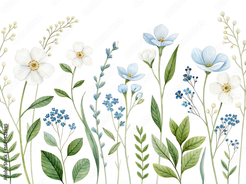 Fototapeta premium Watercolor illustration of white and blue flowers with green leaves on a white background art design