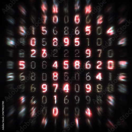 Close-up grid of glowing red and white digital numbers on a dark background, some numbers brighter and in focus, others blurred, with a radial blur effect, futuristic, data display, error code