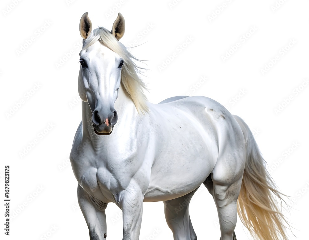 Fototapeta premium White horse portrait, strong musculature, flowing mane and tail
