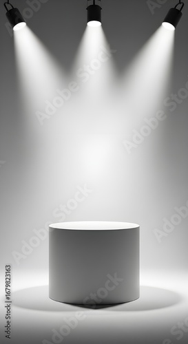Round podium under three overhead studio spotlights, dramatic light effect, isolated on seamless white background.

