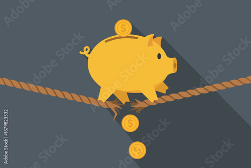 Piggy Bank Balancing on Frayed Rope with Falling Coins Illustration