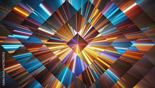 Geometric glowing prism refracts intense light rays. Dynamic light refracts through structured fractal glass. Colored clean sharp beams extend from the middle in symmetric pattern for creative project