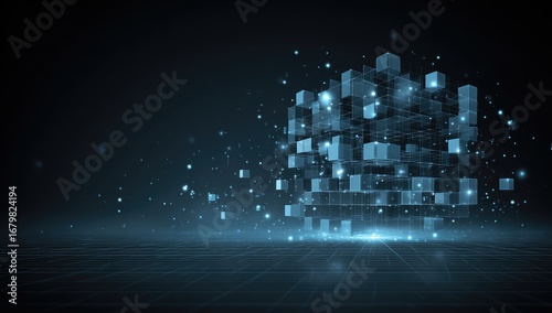 A complex, interconnected network of translucent cubes radiates from a central point on a dark grid floor, evoking a sense of digital architecture and innovation.