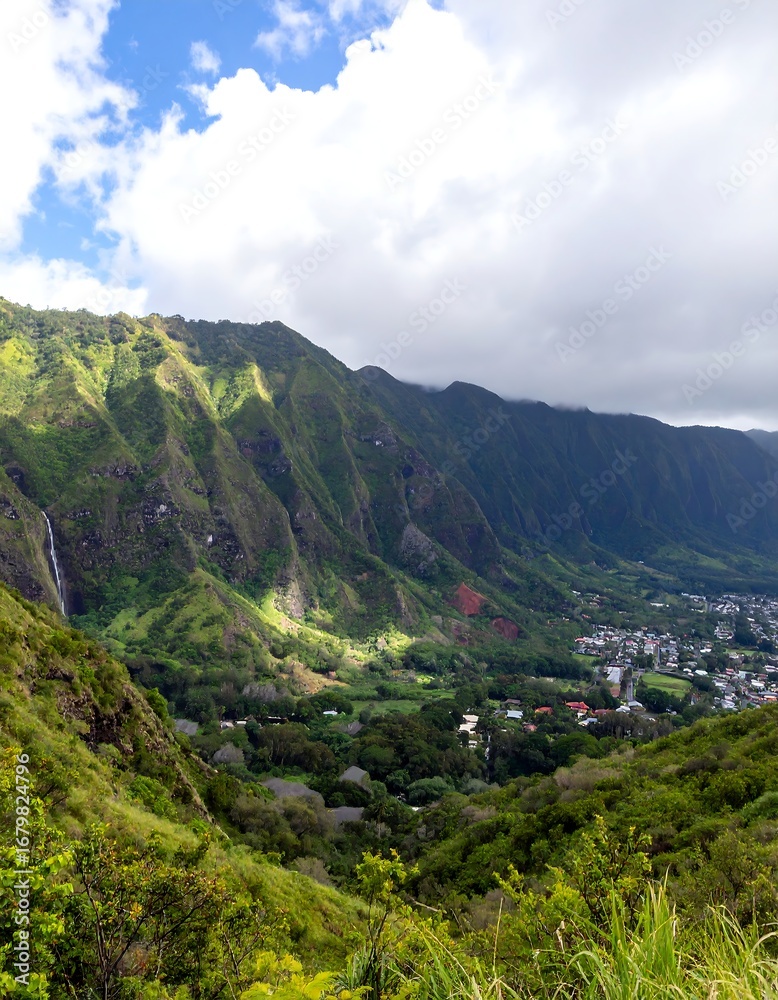 Naklejka premium Lush valley view from a mountain peak