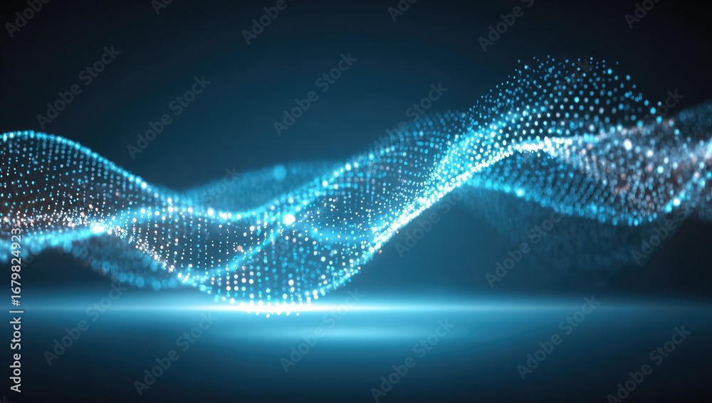 Fototapeta premium A dynamic display of light blue particles forming flowing waves against a dark background.