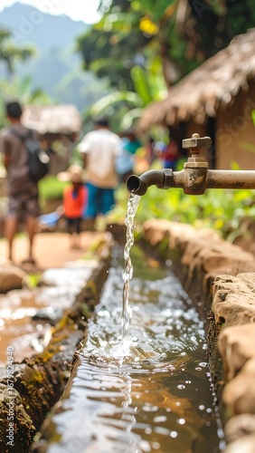 Fresh water flows from a rustic faucet into a stone-lined channel, showcasing a community water source in a rural setting.