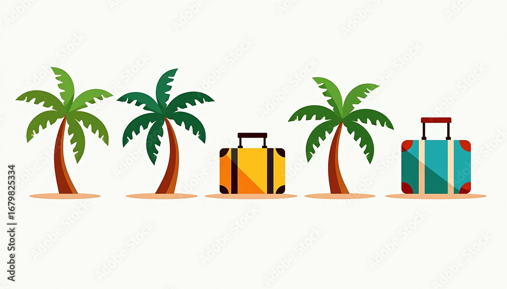 Fototapeta premium Tropical Beach Vacation with Suitcases and Palm Trees