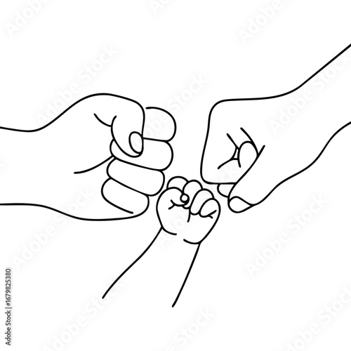Minimal continuous line drawing of parents and baby making a fist bump together. Symbol of family unity, love, support, and connection.