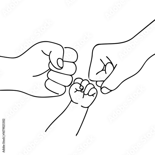 Minimal continuous line drawing of parents and baby making a fist bump together. Symbol of family unity, love, support, and connection.