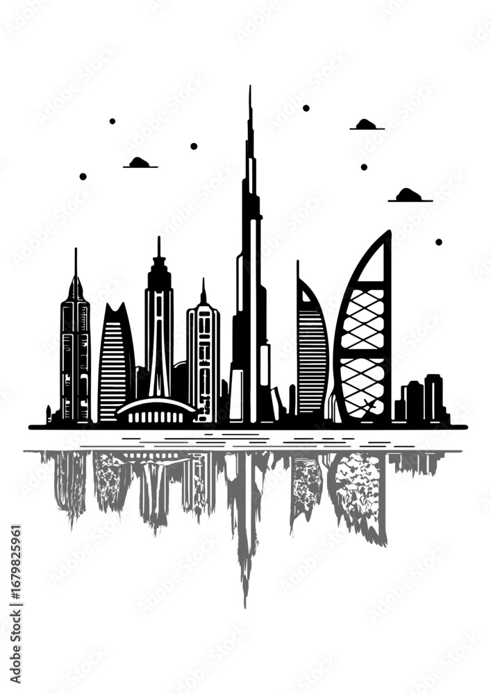 Naklejka premium Modern City Skyline Silhouette with Reflection