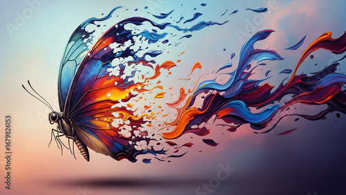 Chromatic metamorphosis: a butterfly's flight dissolving into a vibrant brushstroke of ephemeral creation.