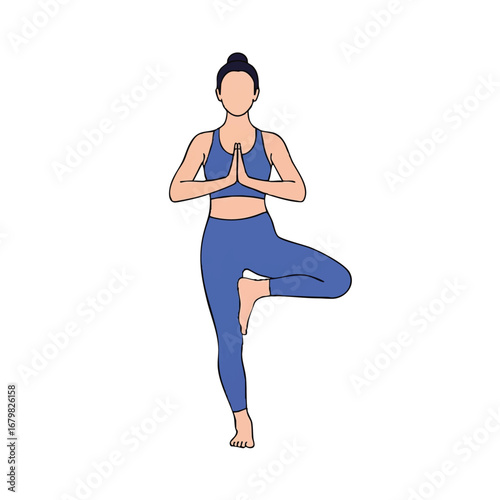 Woman in tree pose, a yoga asana for balance, concentration, and flexibility.