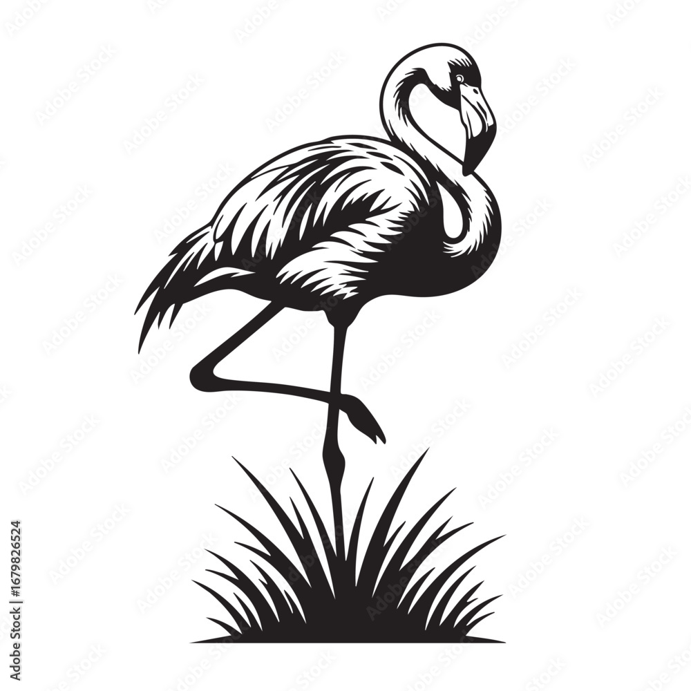 Fototapeta premium Black Silhouette of a Flamingo Standing on One Leg in Tall Grass on White Background bird animal