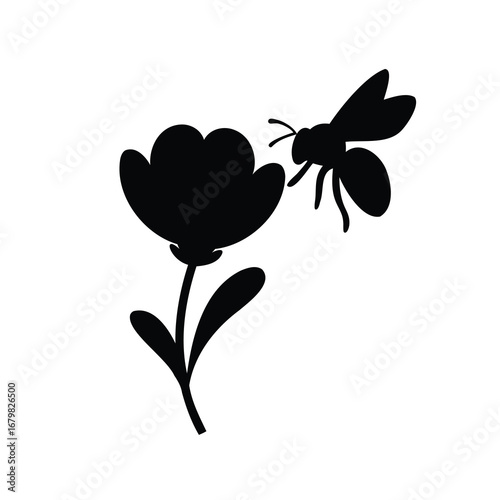 Bee approaching a flower in silhouette providing a simple and clean graphic