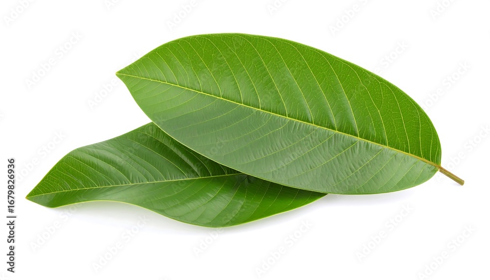 Fototapeta premium Two vibrant green leaves against white