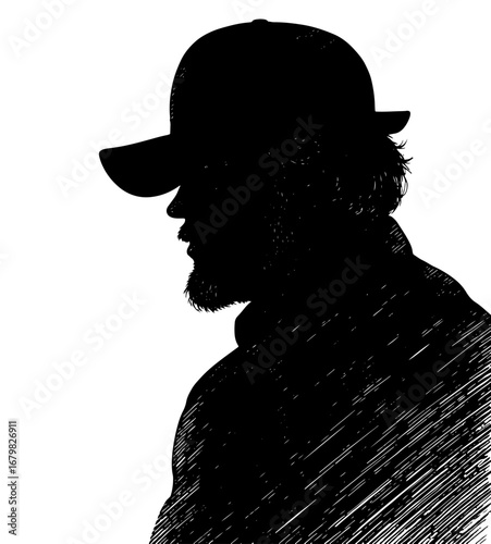 Man with beard in profile wearing cap, black and white silhouette