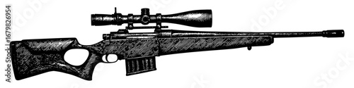 Bolt-action rifle in a black and white woodblock style, for hunting or sport