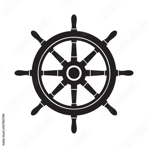 Black silhouette of a ship's steering wheel on a white background helm boat