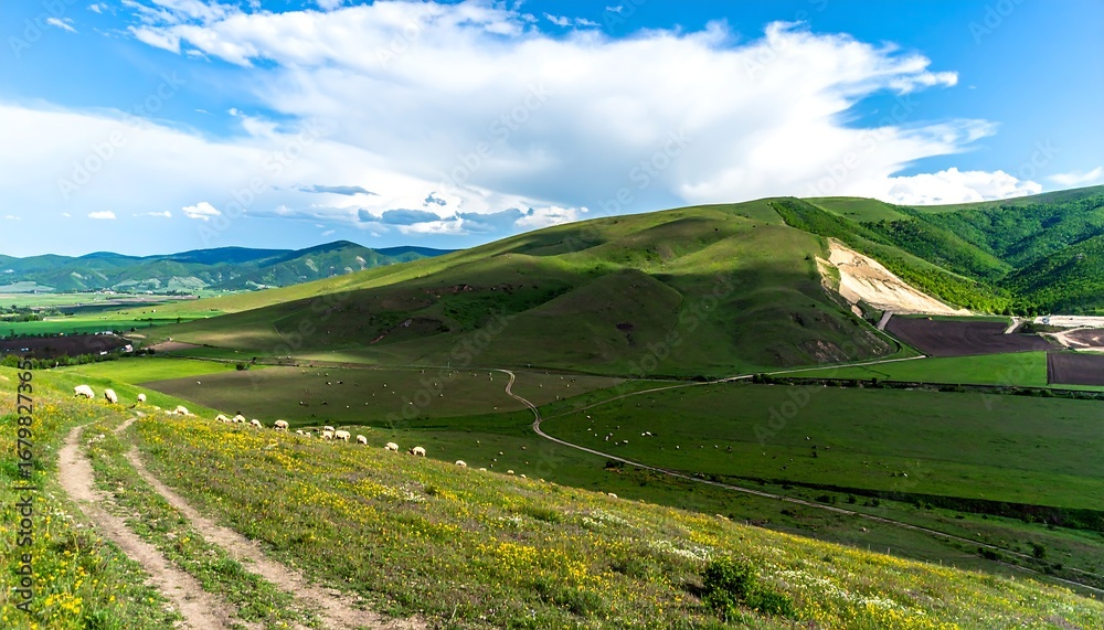 Fototapeta premium Lush valley with winding paths