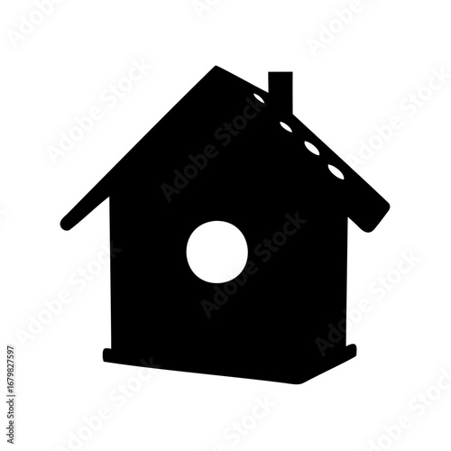 Silhouette of a simple birdhouse with a round entrance and chimney