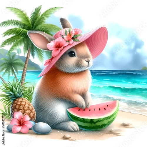 Cute Bunny on Tropical Beach with Watermelon, Pineapple, and Palm Trees