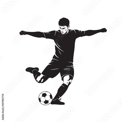 Black Silhouette of a Soccer Player Kicking a Ball in Motion on a White Background football athlete