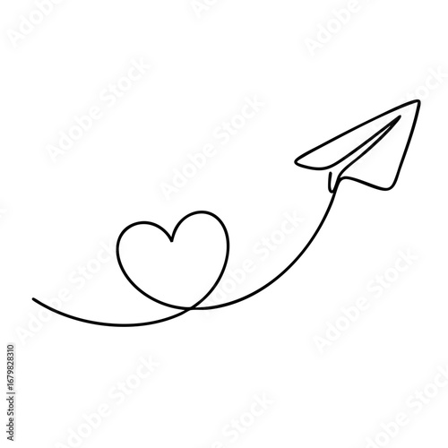 Minimal continuous line drawing of a paper airplane flying with a heart symbol. Represents love, freedom, travel, hope, and positive connection.