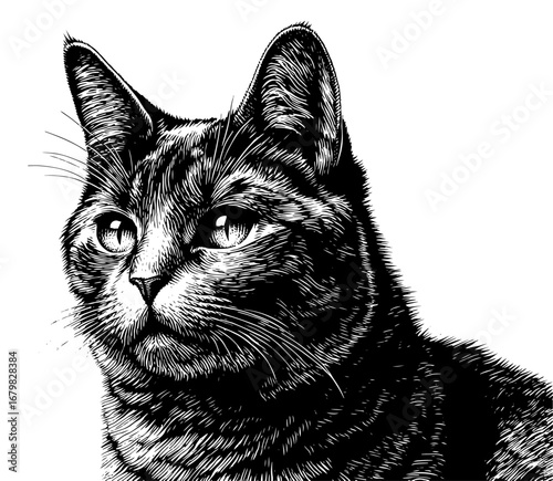 A cat in a portrait, black and white engraved vector