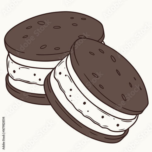 Ice Cream Sandwich Delight: Two delectable ice cream sandwiches, their rich chocolate cookies cradling a generous scoop of creamy, vanilla ice cream, offering a classic dessert experience.