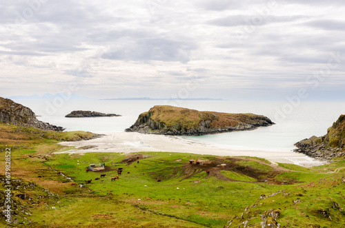 Green grassy cliffs overlooking a secluded sandy cove with small offshore islands on the Isle of Mull. A picturesque and untouched Scottish coastal scene.