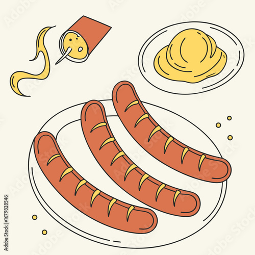 Grilled Sausage with Sauce: A visually appealing artistic depiction of juicy, grilled sausages artfully arranged on a plate, complemented by a side of mustard and a drizzle of sauce.