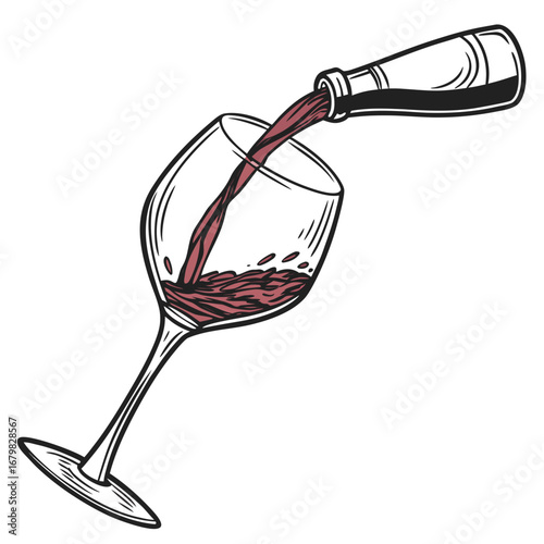 Wine Pouring: An elegantly illustrated depiction of wine gracefully flowing from a bottle into a pristine glass. Perfect for conveying refinement and enjoyment.