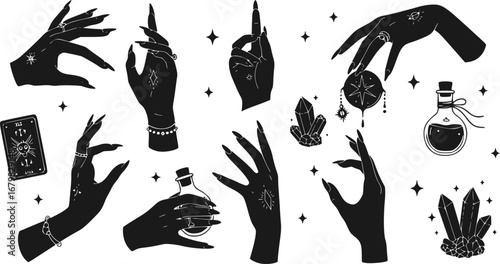 Set of witch's hands. Collection of female magic hands with tarot card, potion vial, crystal, etc. Female hands with manicure. Halloween. Vector illustration isolated on white background