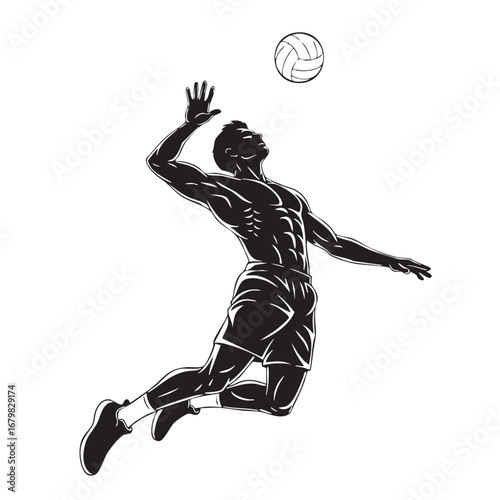 Muscular male volleyball player in mid-air spiking the ball with dynamic pose athlete
