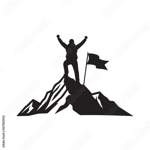 Silhouette of a Climber Celebrating Victory on a Mountain Peak with a Flag on a White Background