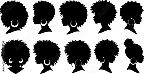 Set of silhouette afro girl. Collection of black woman face with stylized hairstyle. Vector illustration of girl head with stylized haircut.
