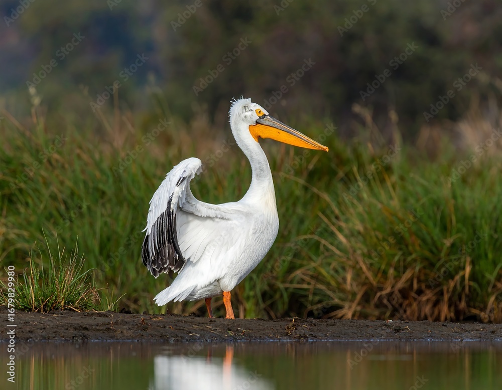 Fototapeta premium White pelican preening by the water