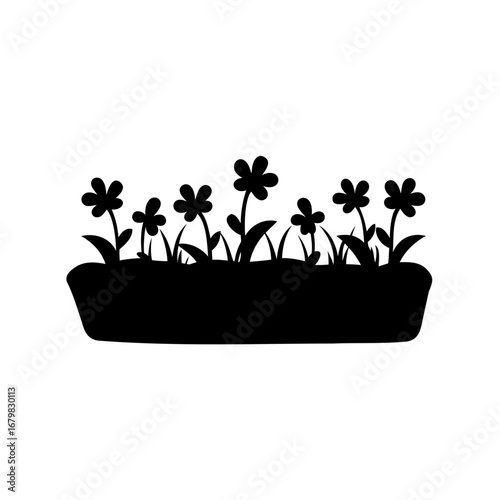 Floral silhouette with blossoming flowers in a planter box illustration graphic